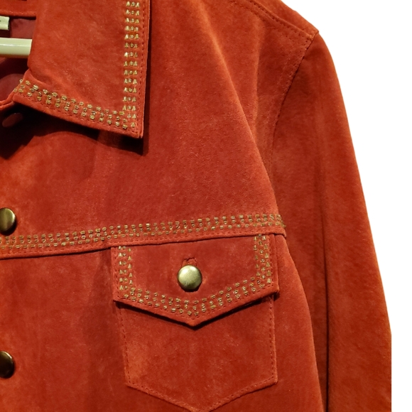 Coldwater creek Women's red suade leather jacket w/ beaded trim, size L - Picture 5 of 6